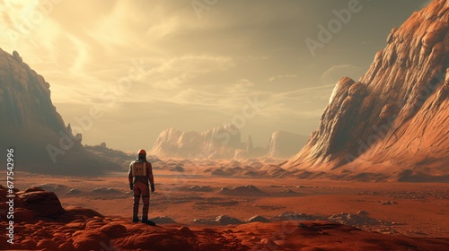 An astronaut is shown standing on an unidentified planet. Generative ai