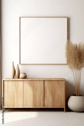 Wooden cabinet and blank poster on white stucco wall. Interior design of modern living room. Generative AI