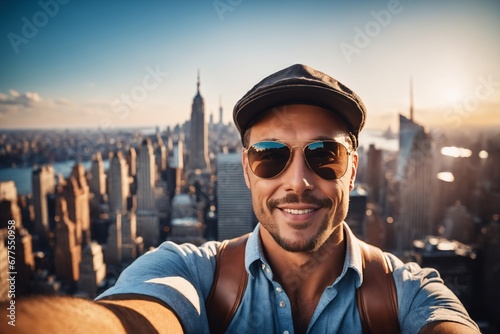 Ein junger hübscher Mann macht ein Selfie von sich. Er trägt Freizeitkleidung eine Kopfbedeckung und eine Sonnenbrille. Im Hintergrund ist die Skyline von New York.