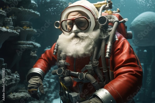 Santa Claus On Tropical Island, Scuba Diving To Explore Underwater Treasures