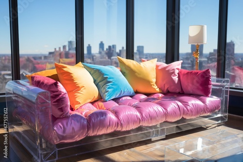 modern interior of the living room in the apartment, furniture, colorful sofa and pillows, a beautiful view outside the window of a modern metropolis with skyscrapers
