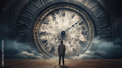 man standing in front of a large clock illustrating passage of time
