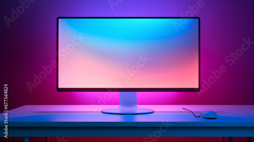 Modern monitor on elegant table, RGB lights coming out from behind the monitor