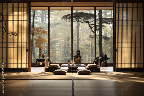 A traditional Japanese Shoji screen separates a Zen meditation space, its translucent paper panels allowing soft light to filter through