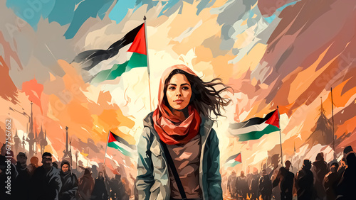 Woman with flag of Palestine waving in the wind. Free Palestine.