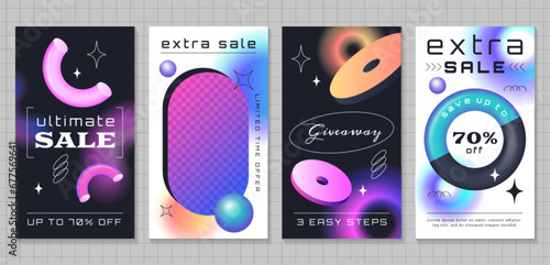Set of sale trendy posters for social media. Cover, ig story template with gradient geometric shapes and frame for text. Modern banners with 3d realistic colorful objects different forms for promo, ad