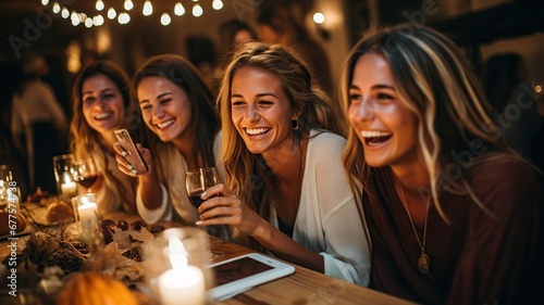 Grupo de amigas jovenes de 24 años disfrutando de una cena con copa de vino en un bar o restaurante.Cena festiva y fiesta para disfrutar.
