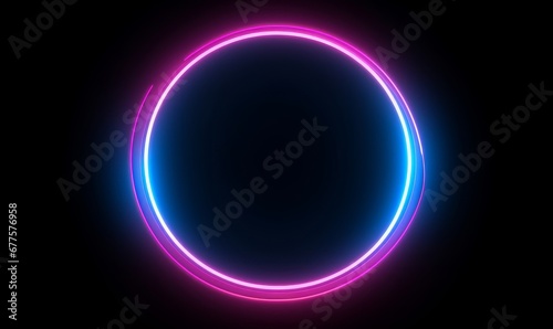 Round circle picture frame with two tone neon color shade motion graphic on isolated black background. Blue and pink light moving for overlay element, Generative AI