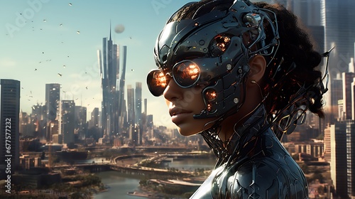 Portrait of a cyborg woman in a futuristic cityscape