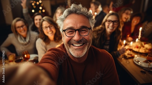 Grupo de gente adulta de 50 años haciendose un selfie mientras celebran una fiesta de jubilacion con cena.