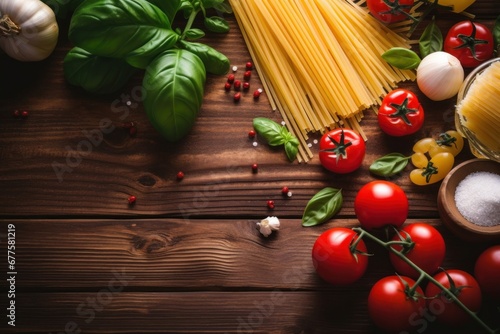 Tasty appetizing italian spaghetti pasta ingredients for kitchen cuisine with tomato, cheese parmesan, olive oil, fettuccine and basil on wooden brown, Generative AI