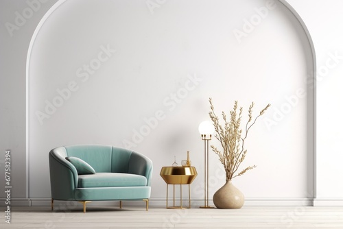 Interior of modern living room with brass coffee table and white armchair, empty wall with turquoise arch. Home design. 3d rendering, Generative AI