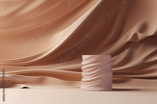 3D background. Brown podium, display mockup. Luxury beige, silk cloth in motion. Beauty, cosmetic product presentation. Feminine template with pedestal. 3d abstract, render, Generative AI
