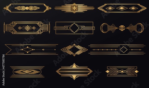 Golden art deco divider header set. Gold retro artdeco border 1920s decorative ornaments, minimal elegant frames creative template design, Generative AI