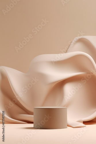 3D display podium, beige background with pedestal and flying nude color silk cloth curtain.Nature wind. Beauty, cosmetic product presentation stand. Luxury feminine mockup 3d render, Generative AI