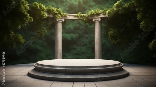 Round stone platform with Corinthian pillars and natural trees with shadow background. Historical and landmark object for advertising concept. 3D illustration, Generative AI