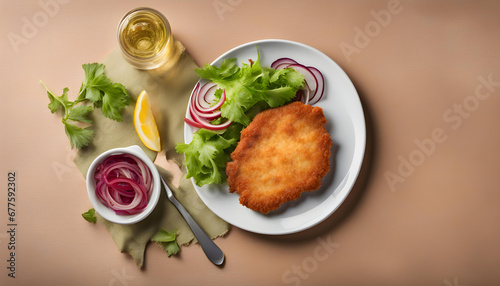 schnitzel in a plate with salad isolated on white