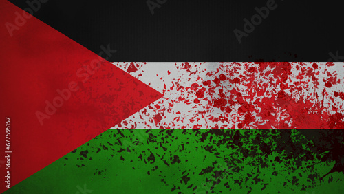 Palestine flag, flag with blood. Conflict between Israel and Palestine.