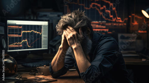 A man sitting at his desk holds his head in his hands, He is sad because Bitcoin is losing value.