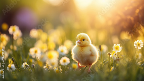 small yellow chick on field with grass and flowers