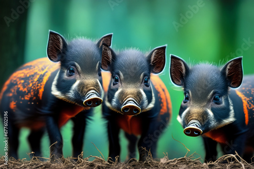 niedliche Wildschwein Babys Rotte Frischlinge Portrait vor einem unscharfen Hintergrund aus Wald, wildlebende Tiere aus Europa, Amerika und Asien