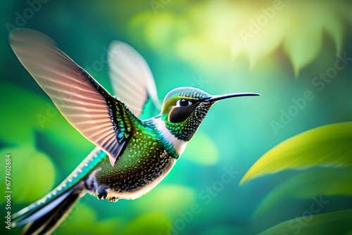 Kolibri Vogel fliegend, mit langem Schnabel, bunt schillernden Federn, Nahaufnahme Portrait vor einem unscharfen Hintergrund aus Wald, Tropen wildlebende Tiere, Südamerika, Nordamerika und Karibik