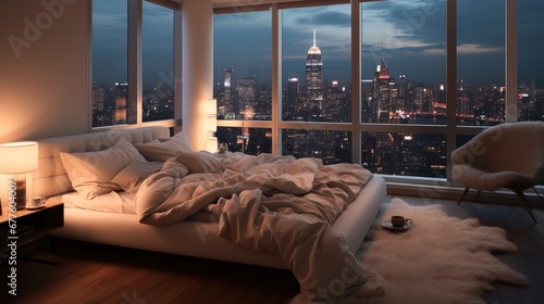 Luxurious room, Cozy bed with city view.