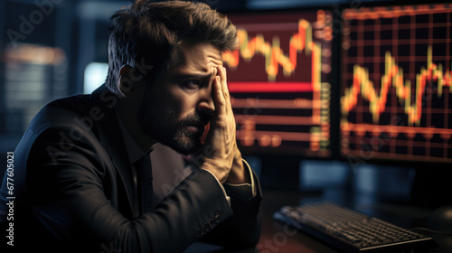 Trader depressed and frustrated in front of his screen with a losing stock chart.