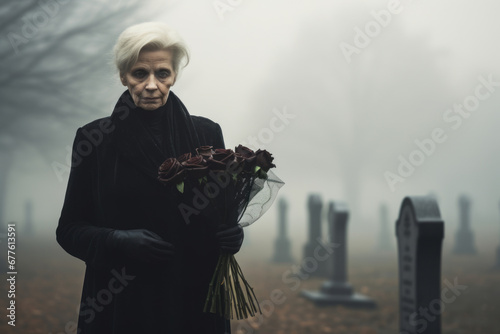 Sad senior woman grieving the loss of her loved one on a cemetery on autumn evening. Depressed elderly lady by the headstone of her husband in graveyard. All Saints Day.