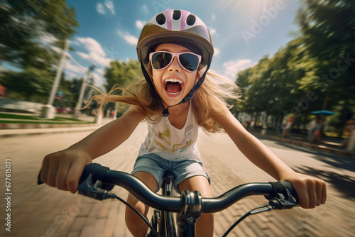 Cute teenage girl riding a bicycle in summer park. Cheerful teenager having fun on a bike on sunny evening.