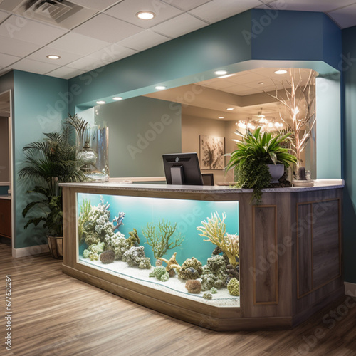 A dental office front desk with a fish tank inside the front desk.