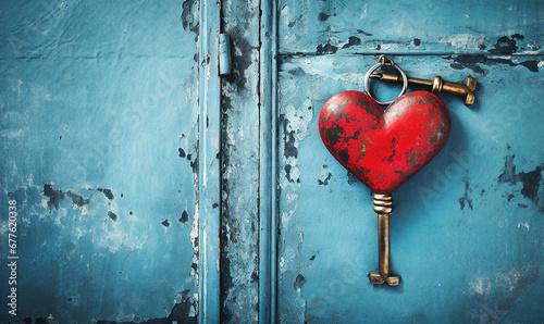 roter Herzschlüssel an blauer Holztür