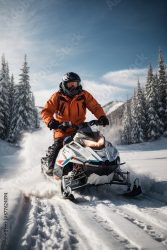  A man wearing a insulated winter jacket and trousers rides a snowmobile leaving footprints in nature against the backdrop of high mountains with snow at sunset.
