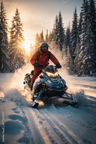 A man wearing a red jacket, a protective helmet and glasses on a snowmobile in winter in the forest against the backdrop of mountains and sunset.