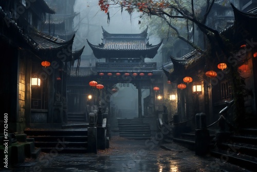 Ancient Chinese architecture in the foggy city of Xian, China