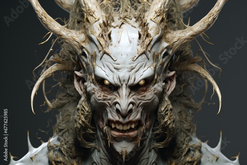 Scary monster with horns on a dark background