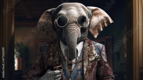  an elephant wearing a suit and goggles with a hat on it's head and glasses on it's head, standing in front of an ornately room. generative ai