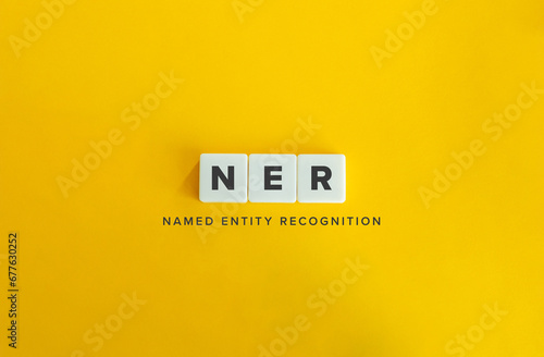 Named Entity Recognition (NER) Banner. Letter Tiles on Yellow Background. Minimal Aesthetic.