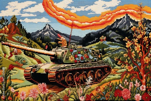 Tank in the forest with flowers and mountains, Hand-drawn illustration