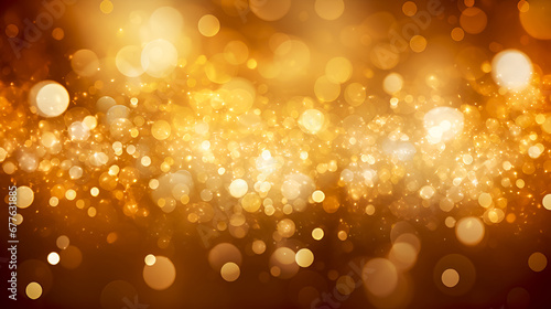 Christmas and New Year winter festive abstract image. Yellow glowing flashes of different sizes on yellow blurred bokeh background with copy space. Holiday celebration concept.