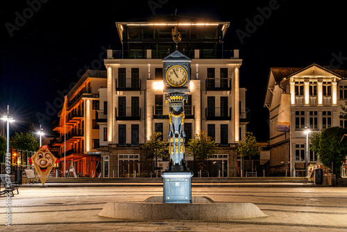 A view of the historic clock in Ahlbeck on the Baltic Sea at night