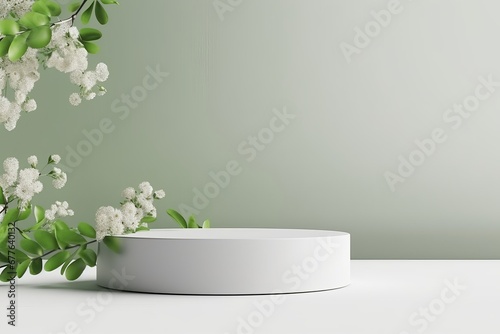 3D background, white podium. display, flower branch with shadow. Green Cosmetic or beauty product promotion step pedestal. Abstract minimal 3D render, Generative AI