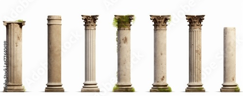 set of antique columns, collection of overgrown pillars isolated on white background, Generative AI