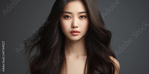 Portrait of beautiful young asian woman with long dark hair and light porcelain skin isolated on light grey background