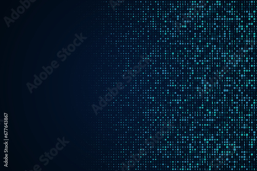 Blue, bright digital data matrix of binary code numbers isolated on a dark blue background with space for text on the left side. Technology, coding, or big data concept. Vector illustration