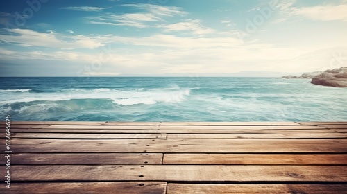 Empty wooden table on sea background Desk of free space AI generated illustration