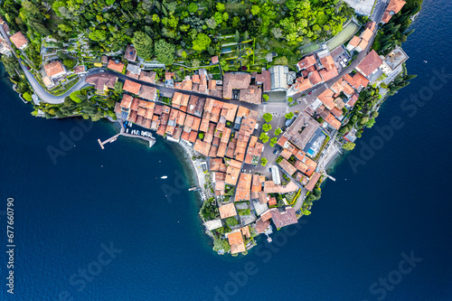 Aerial view of Varenna city from Lago di Como, Italy