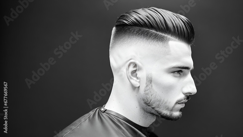 Man with side parted haircut in black and white
