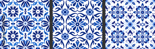 Seamless patterns in azujelo, majolica, zellij, damask style. Floor and wall oriental traditional ceramic tile textures. Portuguese, spanish, turkish, arabic geometric ceramics. Blue Cobalt colors