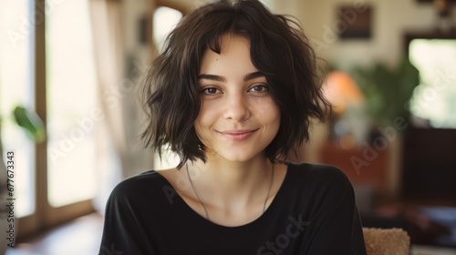 Portrait of Teenager woman smiling and looking to camera while relax in living room at home